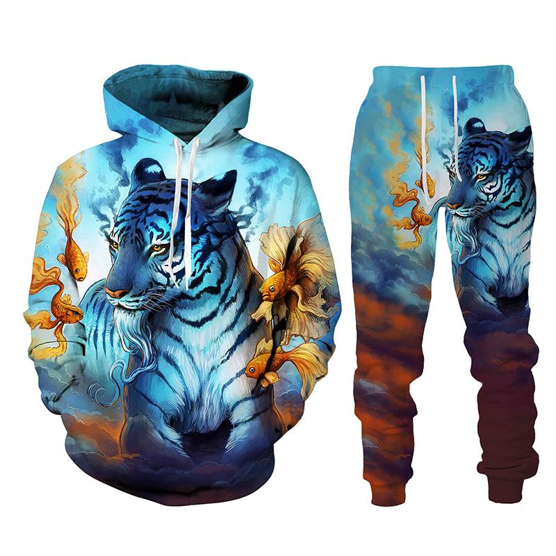 Tier Tiger 3D-gedrucktes Herren-Trainingsanzug-Set Lässiger Hoodie und Hose 2-teilige Sets Herbst Winter Mode Streetwear Herrenbekleidung Anzug