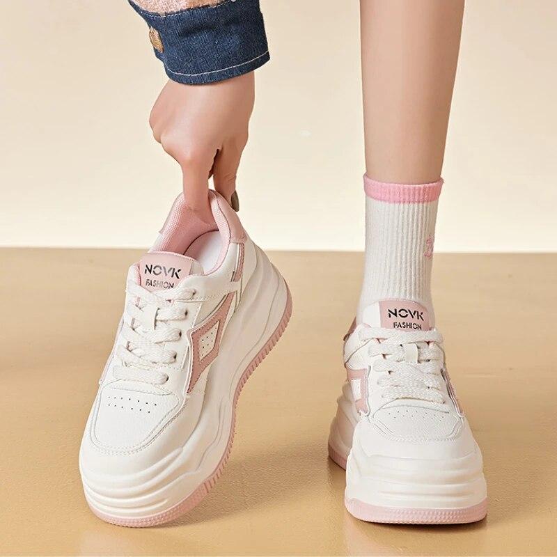 Fujin 8,5 cm Ku ekte skinn Vulcanize Comfy Boots Plattform Flats Høst Damer Vår Pils Mules Chunky Sneaker Damesko