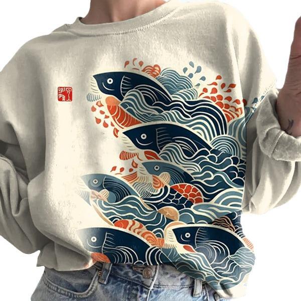 Ethnic-Style Japanese Mallow Wave Print Sweatshirt with Round Collar - 2024 Autumn/Winter Collection