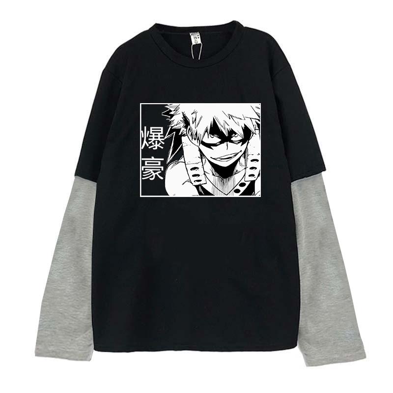 My Hero Academia Bakugo Katsuki T-shirt Summer Harajuku Japan Anime Streetwear Cartoon Summer Long Sleeve Fake Two Piece Tees