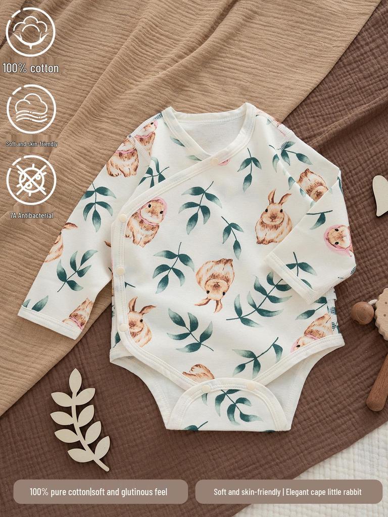 Unisex Baby Long Sleeve Snap Button Cotton Bodysuit with Belly Protection for Early Spring/Summer