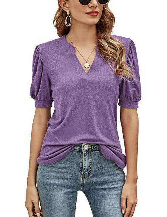 

Women s Summer V-Neck Puff Sleeve Loose T-Shirt - Solid Color, Casual Style Extra Extra Large