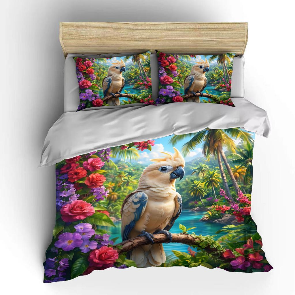 Tropical parrot with vibrant flowers Bedding Set for Kids Luxury Gift 3pcs Digital Print Comforter Set Soft Comfortable