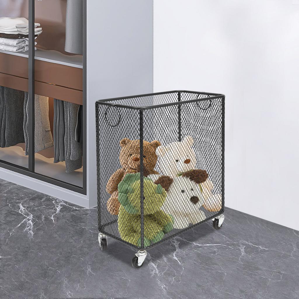 Rectangular Iron Rolling Laundry Basket,Black Laundry Basket with 4 Wheels,Iron Pipe 13mm Freestanding 43*23*45cm for Balcony