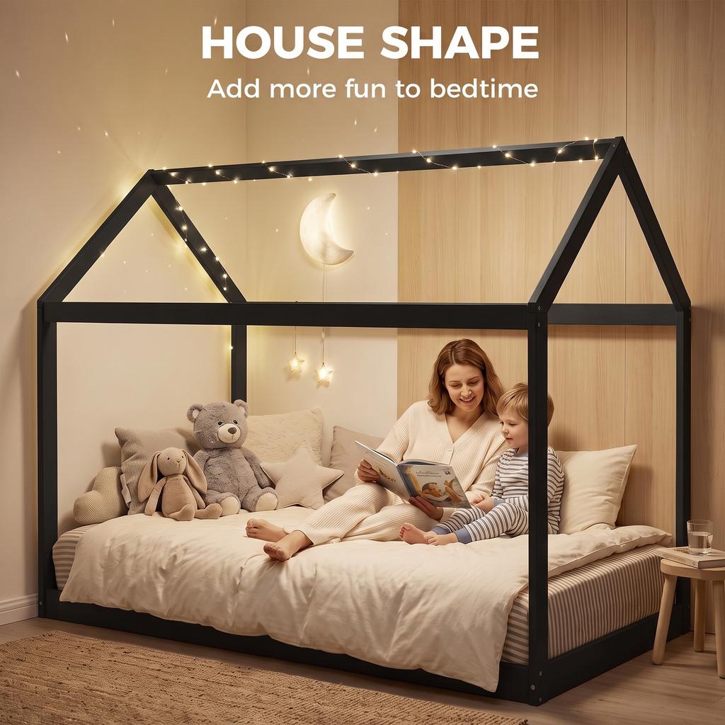 Single Bed Frame, House-Scandinavian-Style Wooden Bed Frame for 90W x 190D cm Mattress, Black