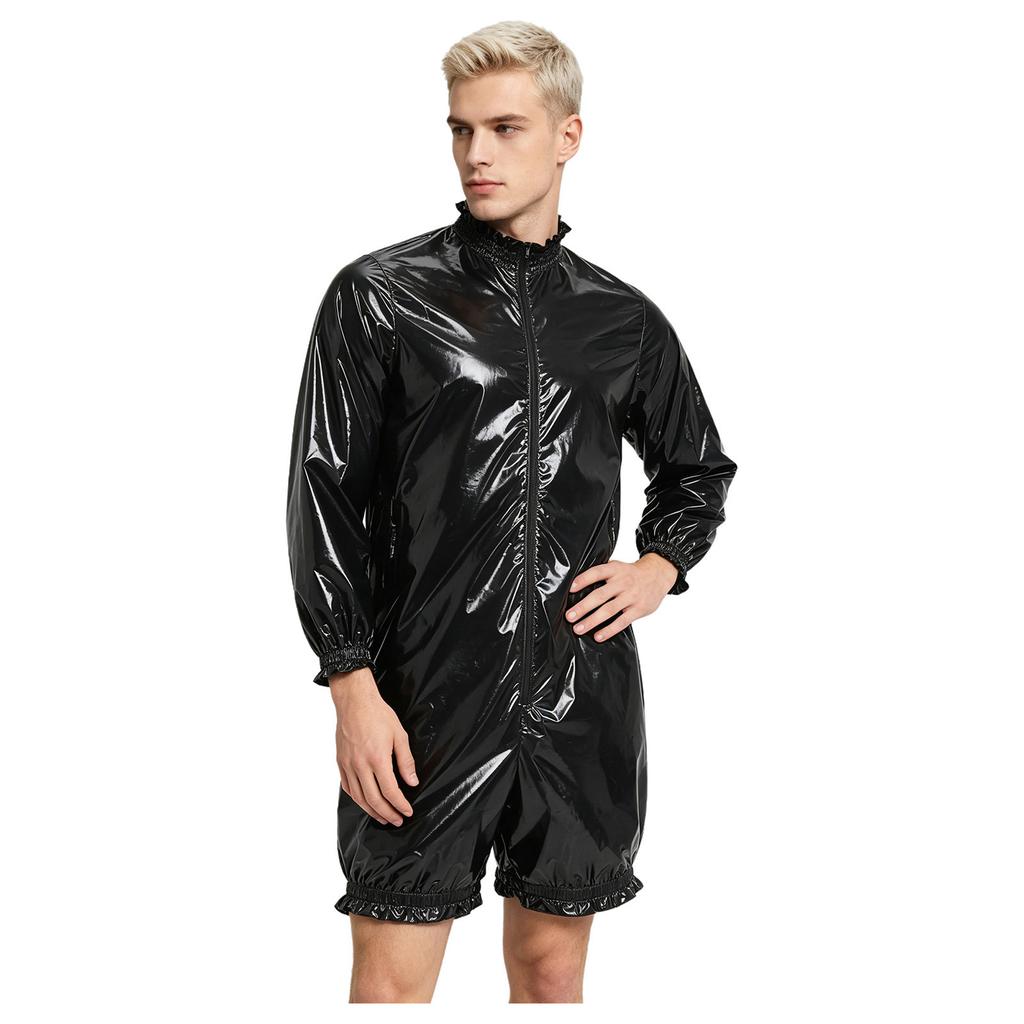 Front Zipper Mock Neck Long Sleeve Ruffled Bodysuit for Men Waterproof Vinyl Swimwear Clubwear Diaper Cover Short Bottoms