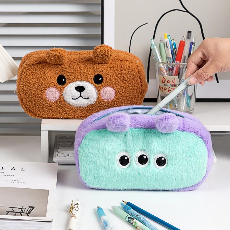 Cute Cartoon Plush Bear Pencil Case Multifunction Creative Large Capacity Plush Pen Bag Supplies School Stationery Storage Bag