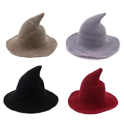 Women Witch Hat Wizard Hat Halloween Witch Pointed Hat Knitted Wool Cap Adult