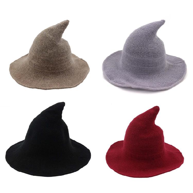 Women Witch Hat Wizard Hat Halloween Witch Pointed Hat Knitted Wool Cap Adult