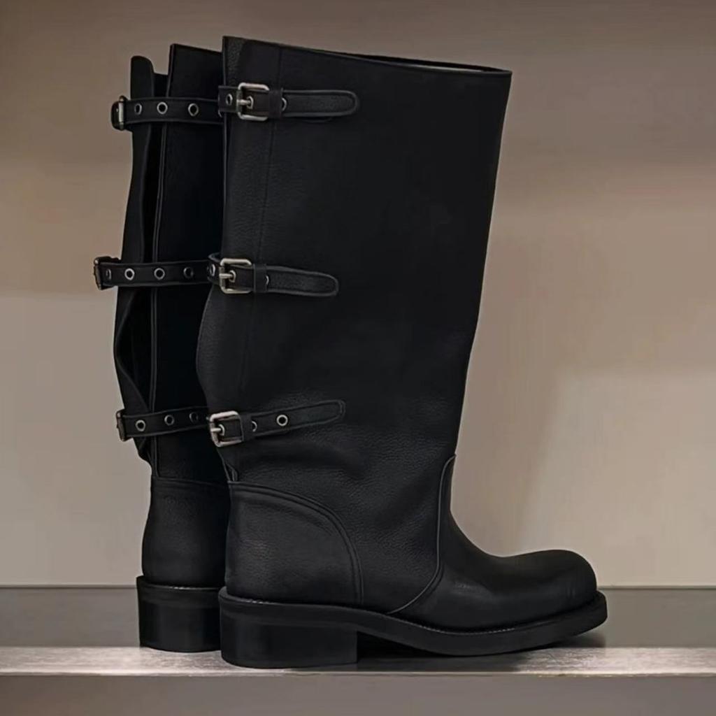 Cowhide version~ Korean version thick heel pleated high boots women's 25 new folded three-wear outdoor locomotive knight boots long boots