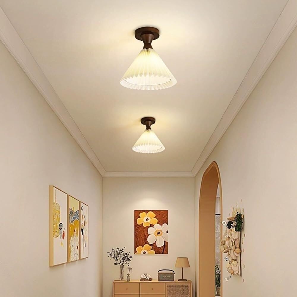 Nordic Wood Ceiling Lamp with Pleated Fabric Shade Indoor Lighting Farmhouse Semi Flush Mount Ceiling Light Fixture Vintage Close to Ceiling Light