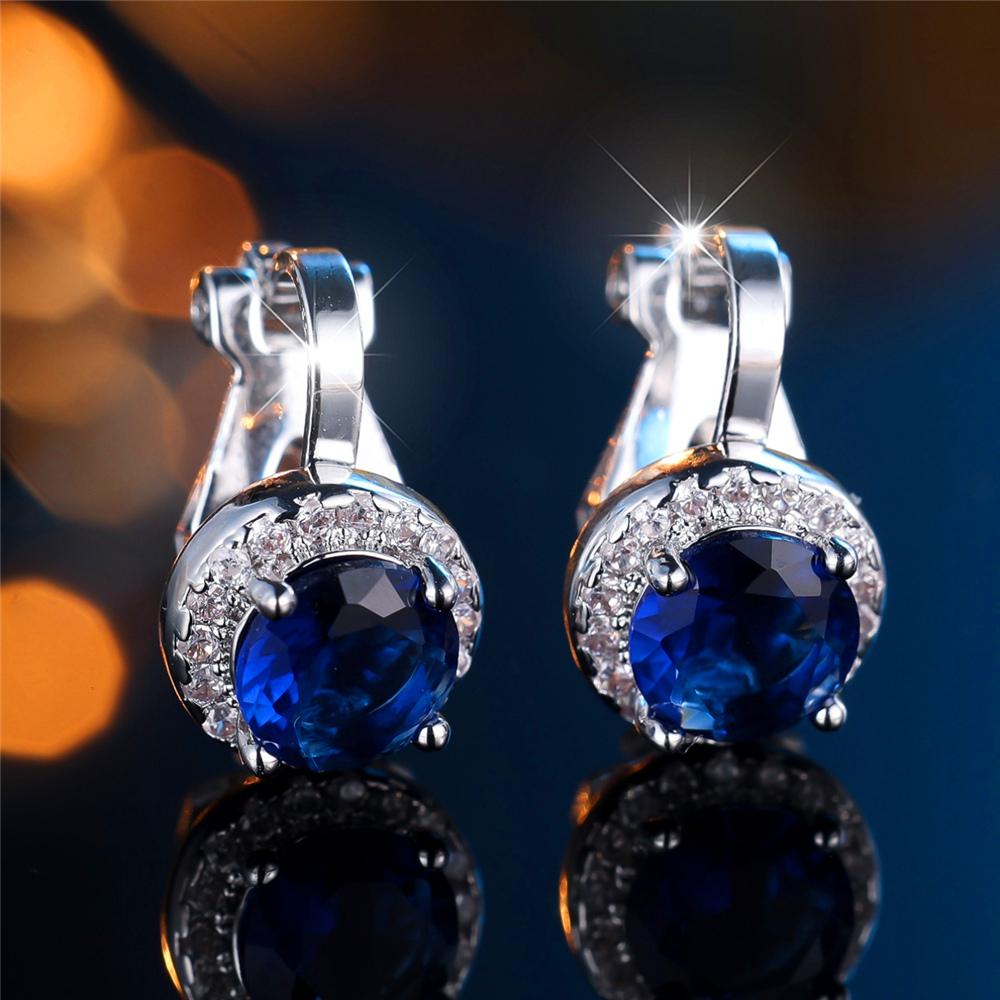 Cute Female Black Green Blue Zircon Stone Round Clip Earrings Charm Silver Color Wedding For Women
