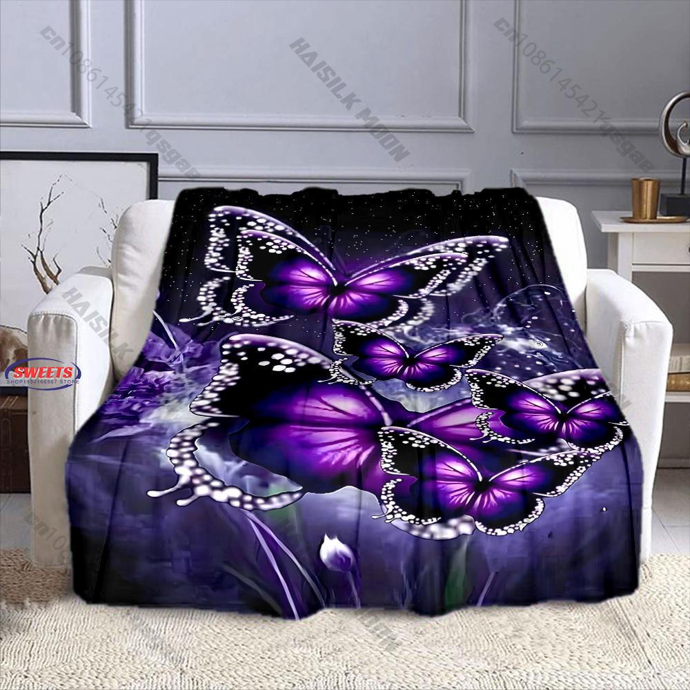 6 Sizes Purple Butterfly and Flower Printed Blanket Warm Soft Home Travel Blanket Sofa Bedding Cover Blankets Gifts for Friends