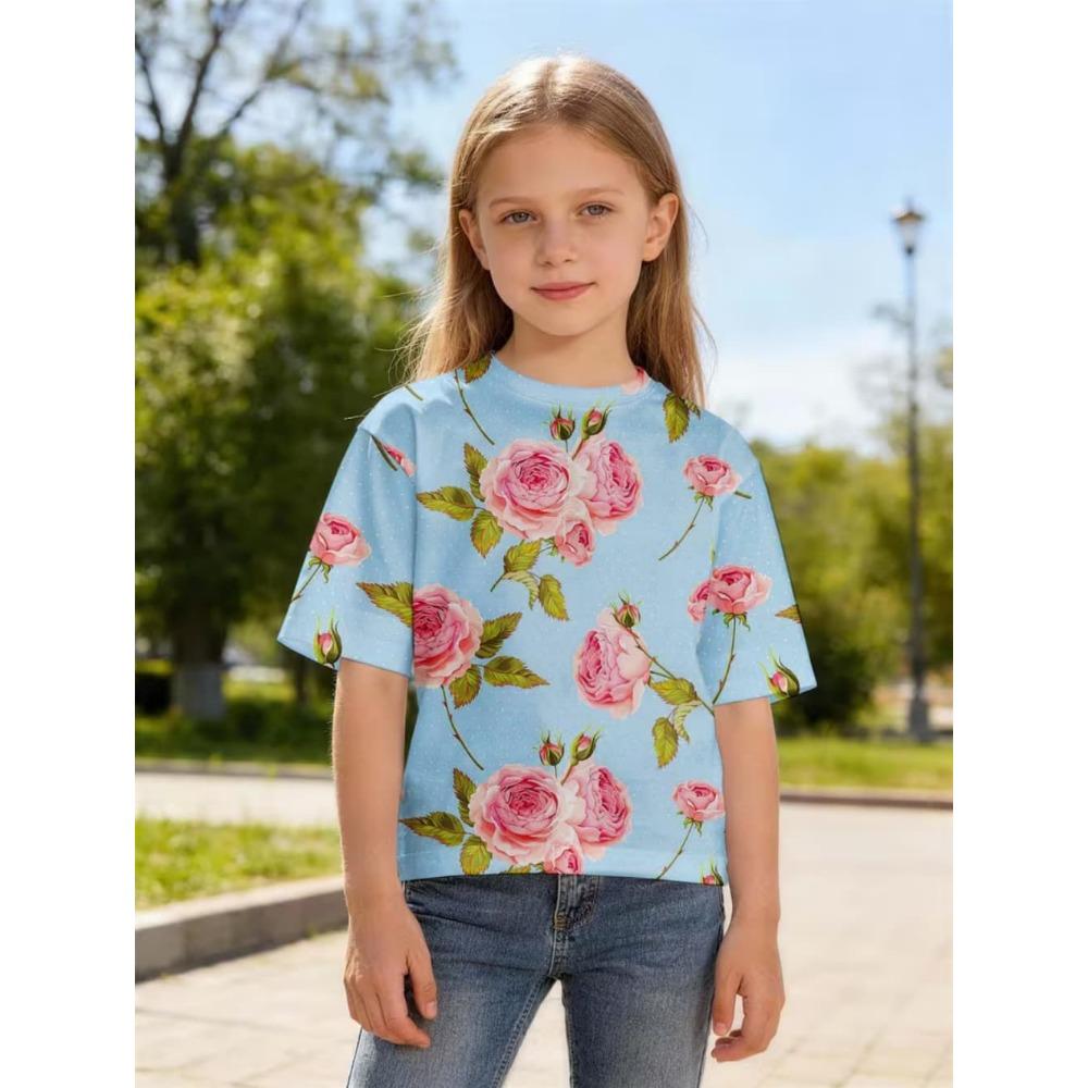 Summer Girl T-shirt Fashion Flower 3D Print Kids Short Sleeves T-Shirt Loose Casual Tops Outdoor Comfortable Girl Clothing