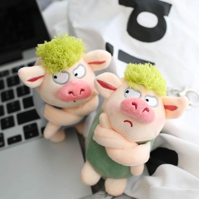 Adorable Animal Keychain Funny Green Hair Plush Animals Angry Pig Doll Pendant Car Backpack Decoration Soft Stuffed Toy Gift