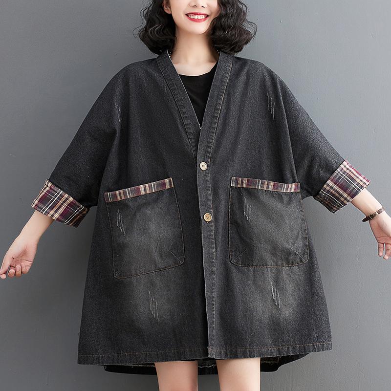 DIMANAF 2023 Podzimní košile Denim Coat Halenka Ležérní Košile s dlouhým rukávem Dámská košile Kostkovaná Volná Modrá Patchwork Vintage Dámské topy s výstřihem do V