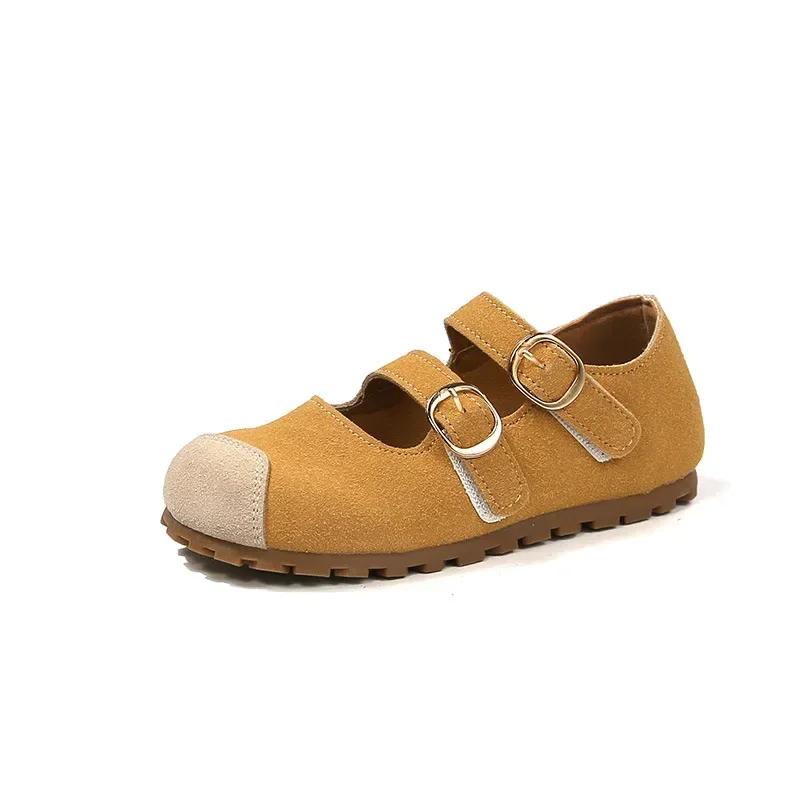 Kids Flat Shoes Spring Autumn Retro Patchwork Girls Leather Shoes 2025 New Non-slip Children's Causal Shoes Round-toe Hook Loop