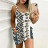 Sommer Neu Retro Geometrie und Linien Muster Druck Ärmelloses Bodycon Kleid mit Taschen Sexy Schlanke Passform Elegantes Partykleid
