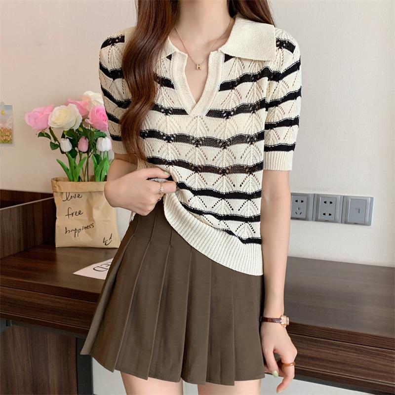 

Летний дизайн Sense Niche Chic Stripes Retro Hollowed Out Lape Knit Shirt Топы с короткими рукавами Casual Essential Comfort Style Slim Fit Пуловеры Футболки One Size абрикосовый