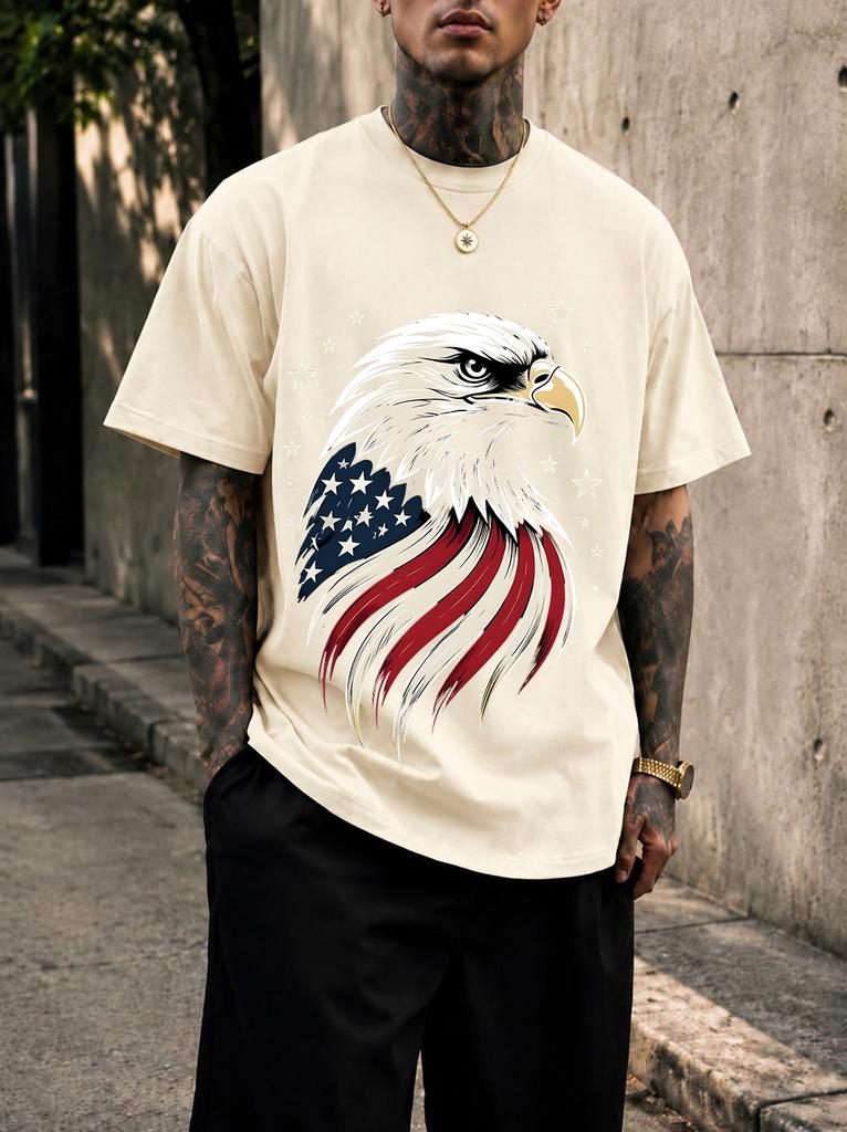 2026 New Pure Cotton Tshirt With American Bald Eagle Patriotic Print Crew Neck Short Sleeve Casual Top