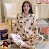 Women's Korean Style Bear Pajama Set: Long Sleeve Cardigan and Pants for Spring/Autumn - Cute and Cozy for Home Wear