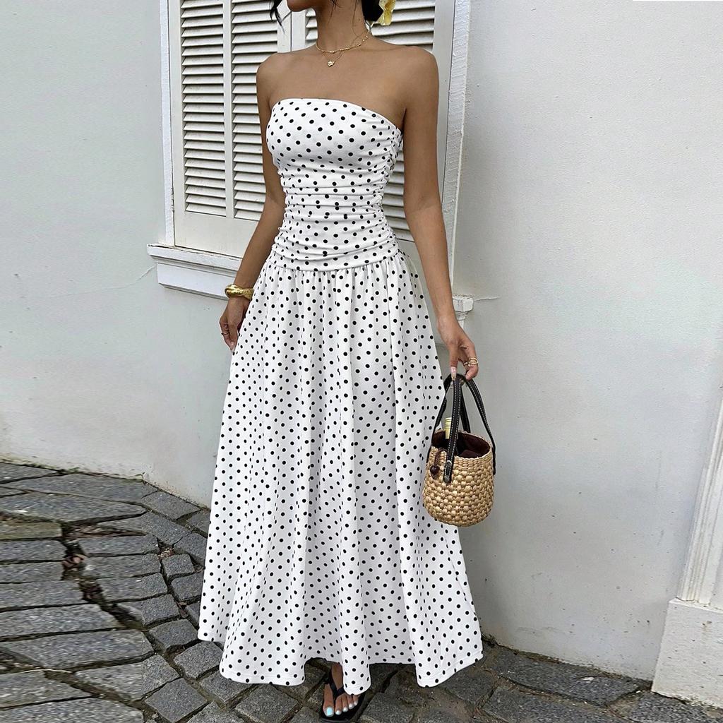 Rochie elegantă de seară pentru femei, cu buline, cu umerii goi, linie A, subțiază talia