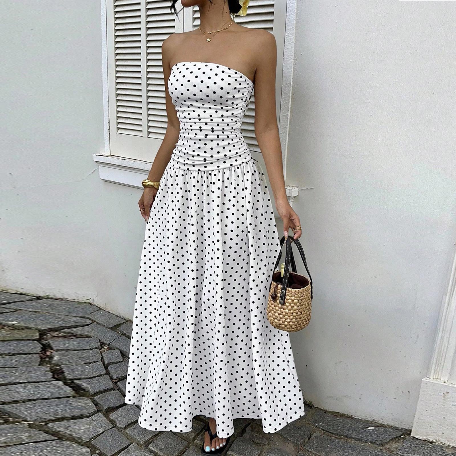 

Ladies Polka Dot Off Shoulder A-line Elegant Waist Slimming Dress Evening Gown S білий