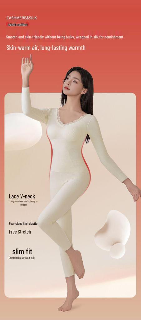 2025 Stylish Cashmere Wool & Silk Warm Base Layer with Built-in Bra Pads