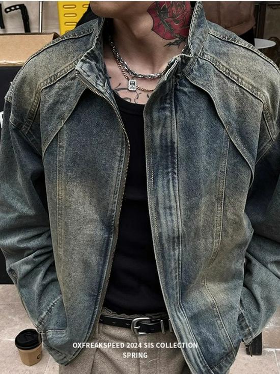 Herren American Retro Gewaschene Jeansjacke - Schwer, Lockerer Schnitt, Trendig, Lässig, Frühling Reißverschluss Arbeitskleidung