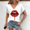 Summer Women Lips Printed T-Shirt Fashionable V-Neck Tops Tees Female Casual Stylish Short Sleeve Clothing Lady Vintage Outfit