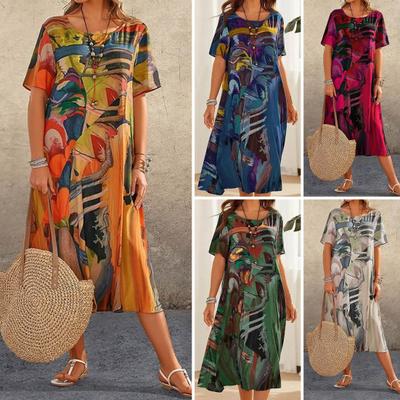 Women's Short-sleeved Round Neck Casual Loose Printed Long Dress Clothes Sale