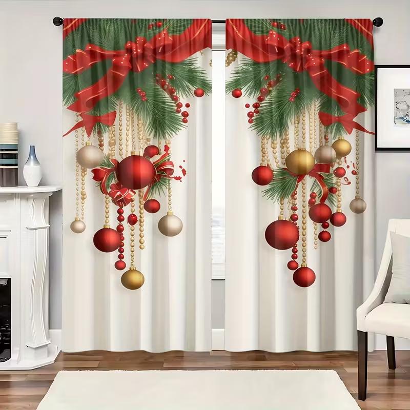 Christmas Ornament Curtains Insulated Privacy Design Polyester Holiday Window Decor Festive Home Thermal Set Of 2 Made With Rod Pocket