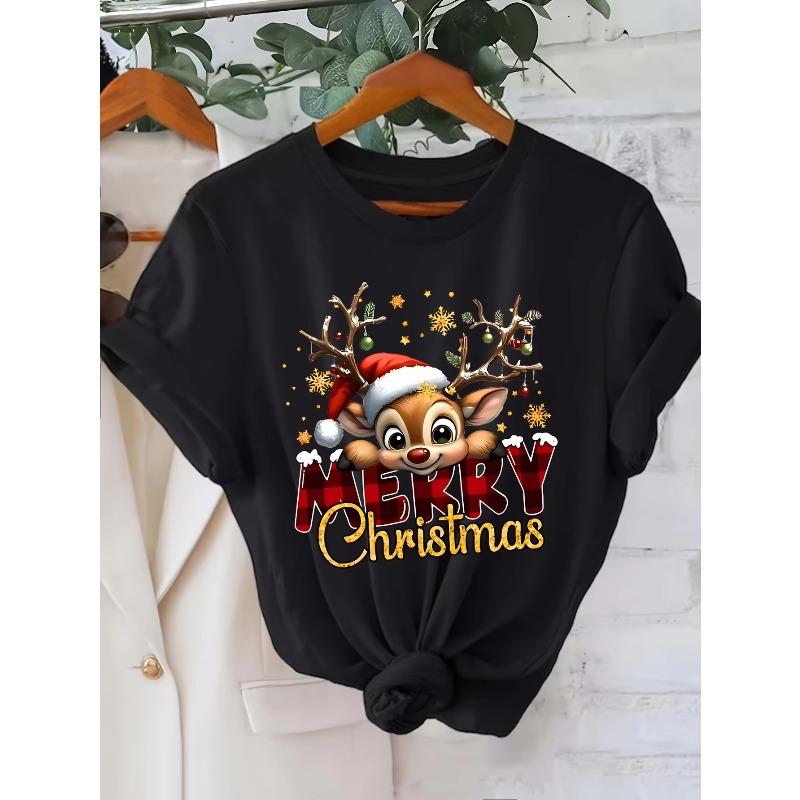 Sommer Damen 3D-Druck Rundhals Kurzarm T-Shirt Weihnachtskleid