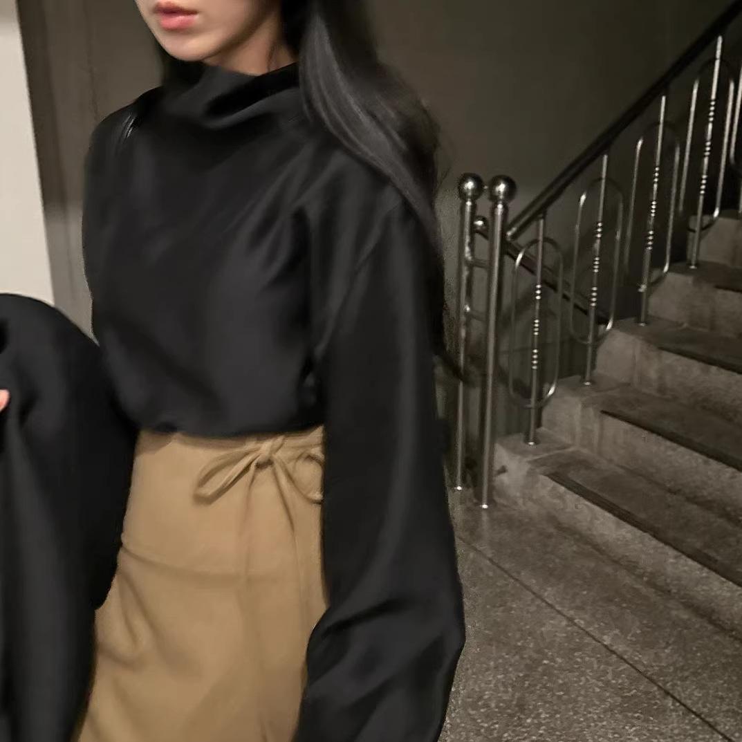 

Korean Chic Satin Ribbon Long Sleeve Women s Top for Early Spring & Autumn One size чёрный
