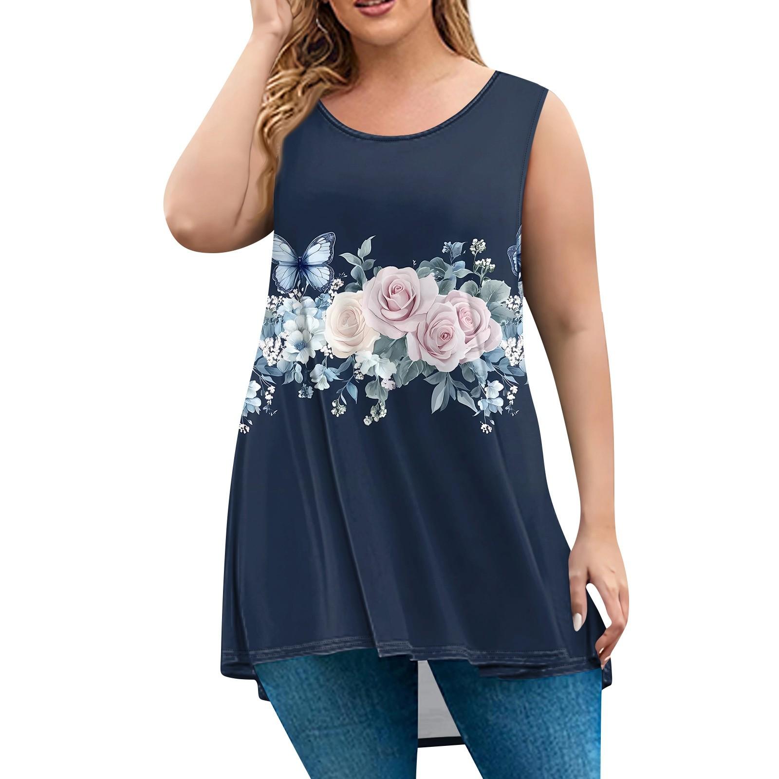 

Женская мода большого размера с круглым вырезом без рукавов повседневный свободный пуловер с принтом XXXXXL тёмно-синий