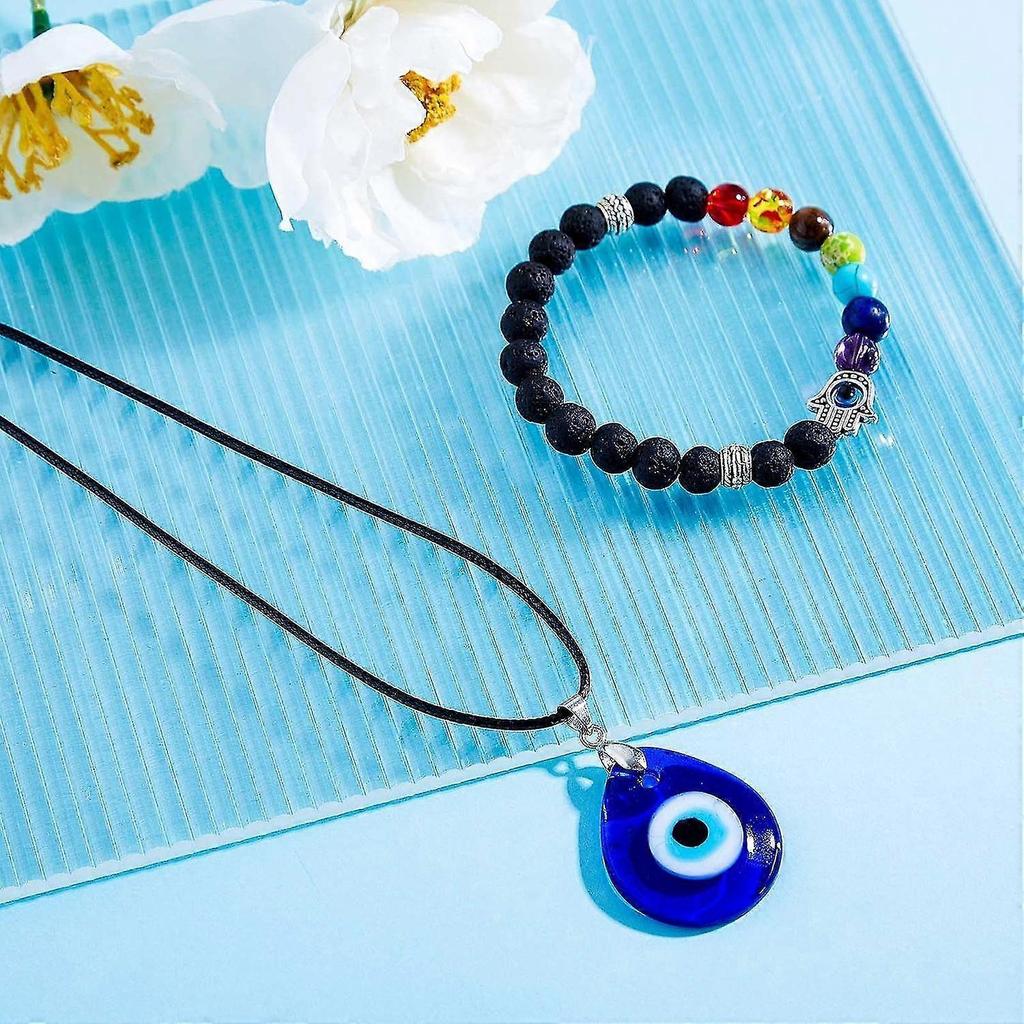 Set of 4 Turkish Evil Blue Eyes Bracelet Glazed Pendant Palm Volcanic Stone Bead Bracelet