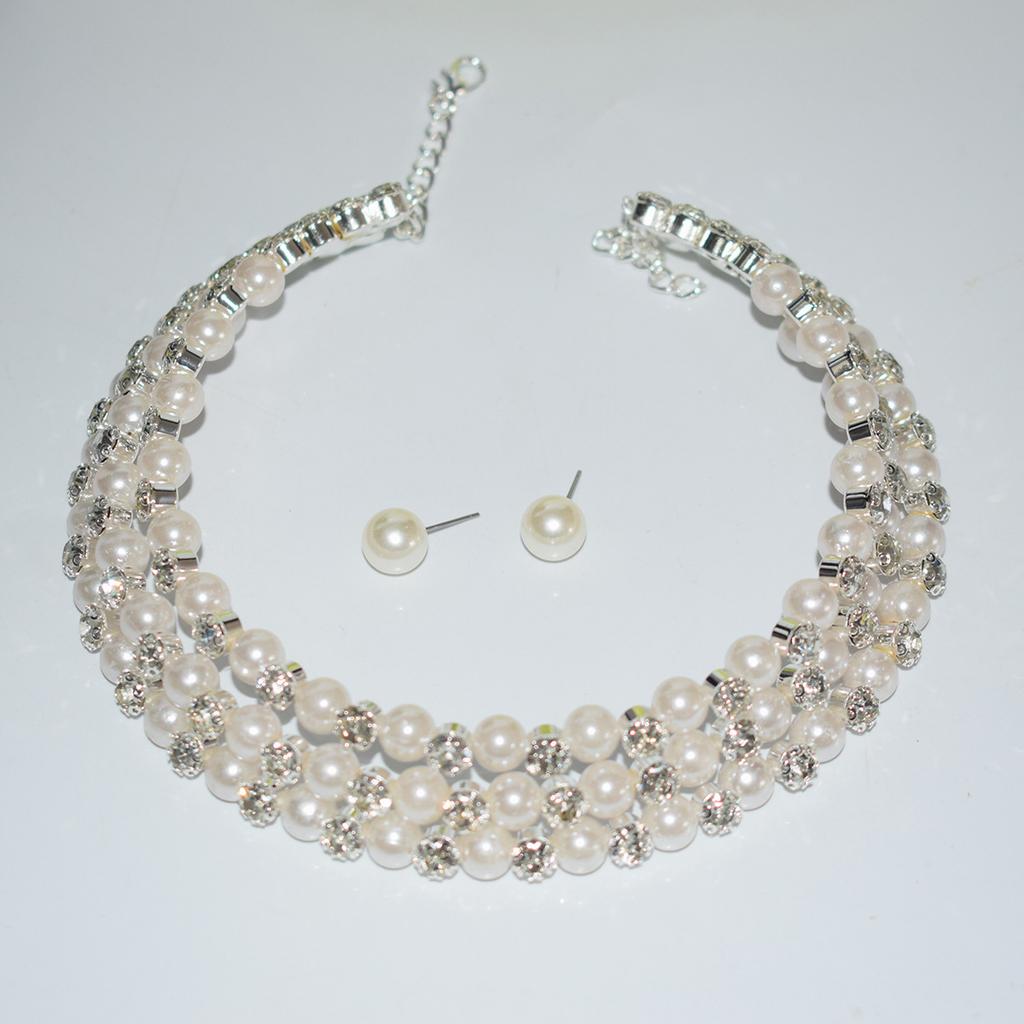 Bridal Wedding Pearl Rhinestone Bundle Neck Chain Collar Bracelet Stud Earrings Three-piece Amazon Claw Chain Set