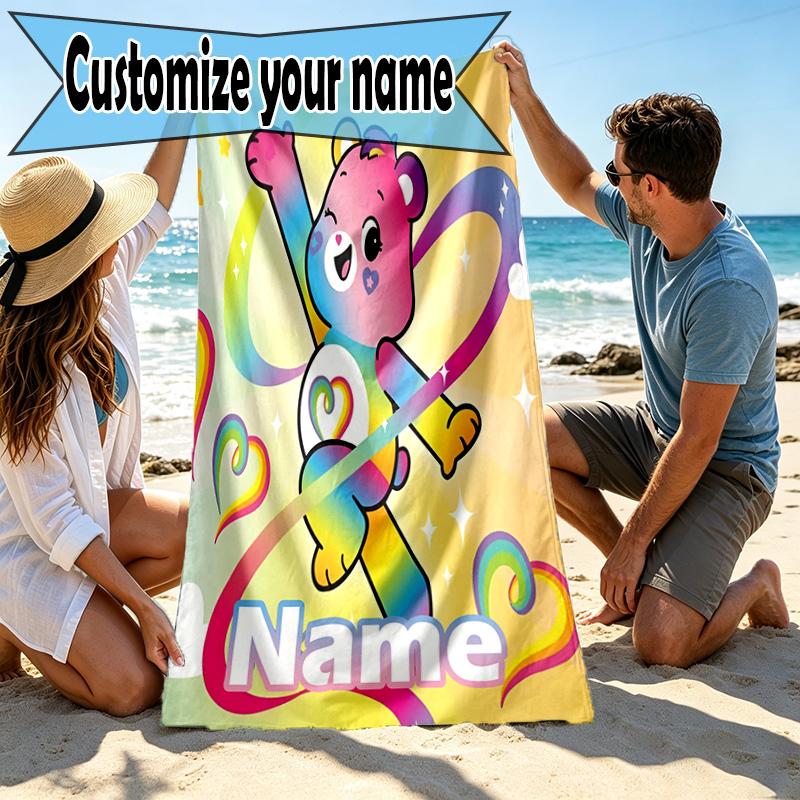 Custom Name Personalized Care Bears Print Beach Towel, for Trip Camping Beach Party Home Decor, Birthday Gift for Family & Friends