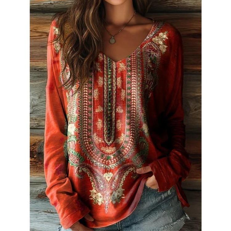 Women Fashion Casual 3D Printed Vintage Ethnic Style Retro Elegant Long Sleeve Round Neck Pullover Tshirt S