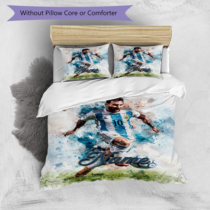 Messi Custom Name Soccer Watercolor Personalized Name Bedding Set,Light Bed Linen for Dorm Home Decoration,Perfect Festival Gift for Boys,Fade Resista