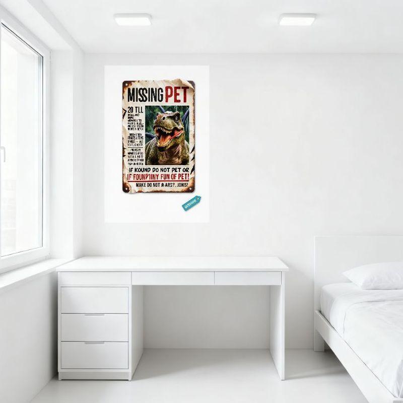 Vintage Missing Green Dinosaur Newspaper Ad Style Metal Tin Sign - Retro Humorous Absurd Pet Poster for Home/Bar/Cafe Man Cave D