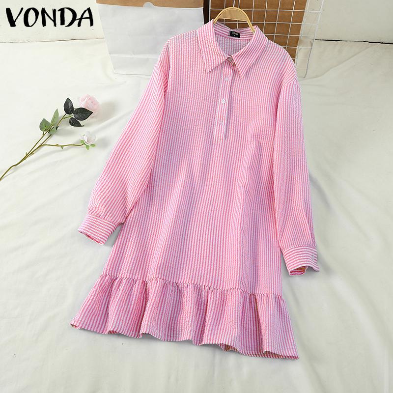 VONDA Women Summer Lapel Neck 3/4 Sleeve Striped Ruffle Hem Texture Shirt Dresses
