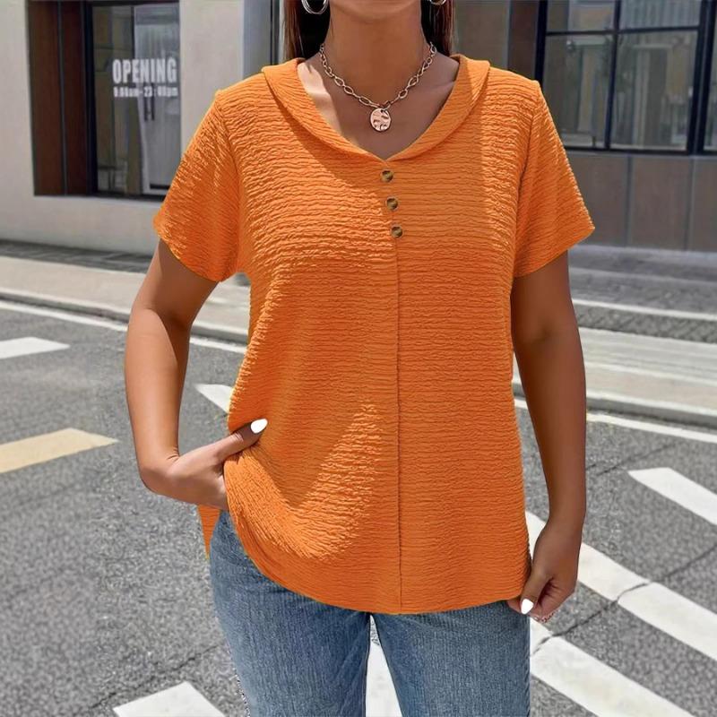 Camiseta Elegante Gola Boneca Tamanho Grande para Mulheres Cor Sólida Manga Curta Botões Plissados Tops Verão Solta Casual Simples Doce Camisa Roupa Feminina