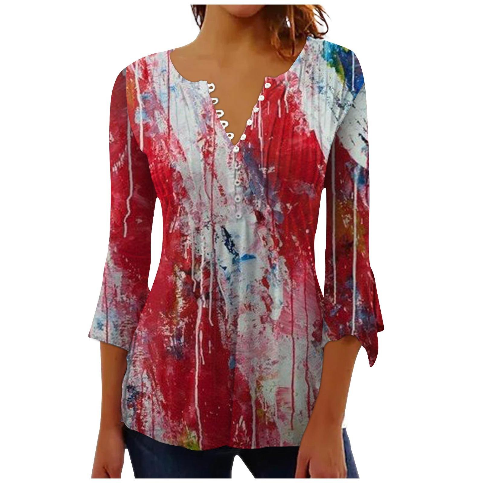 

Топ на пуговицах для женщин, топы с принтом ко Дню независимости, повседневный топ с рукавом 3/4 и V-образным вырезом XL красный