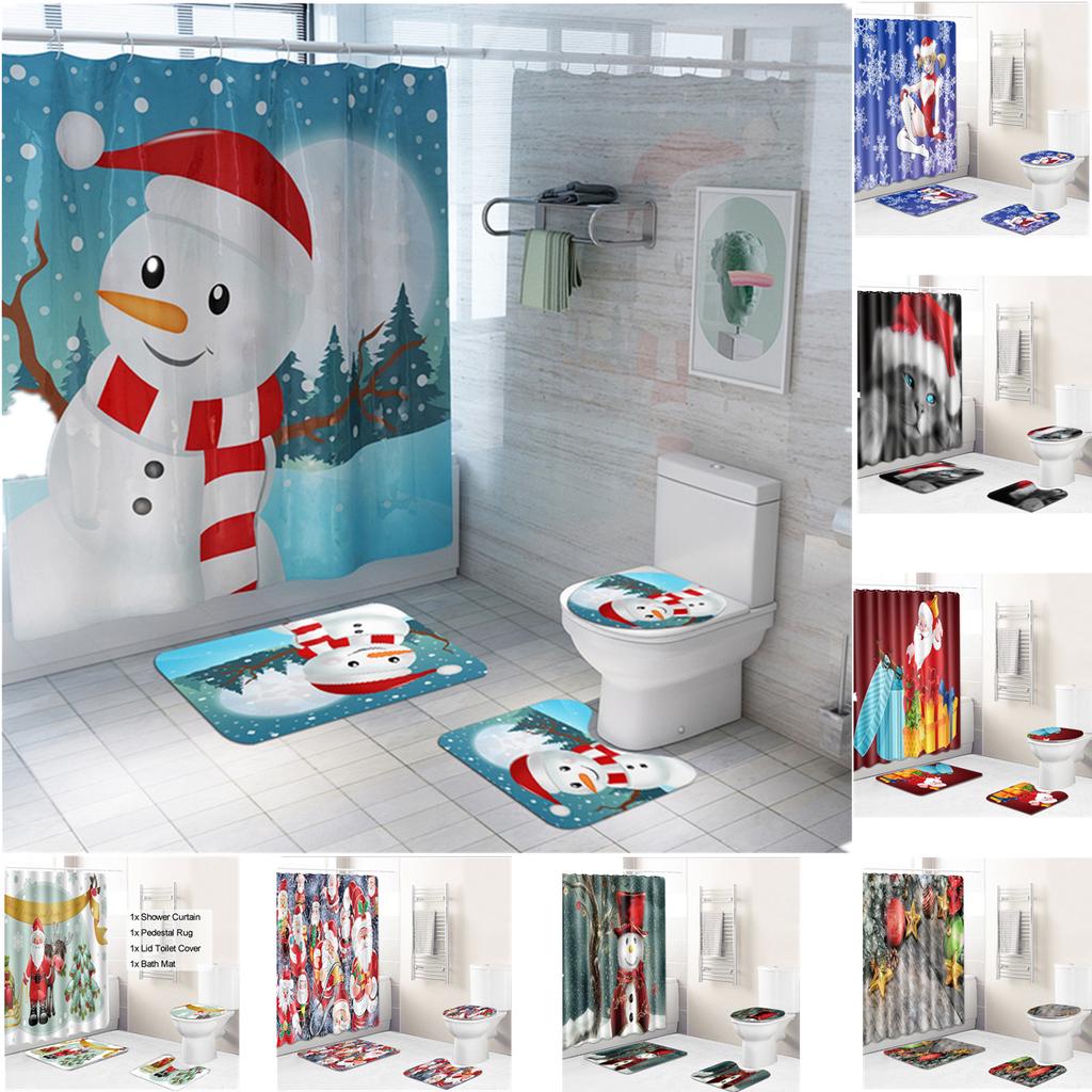 Merry Christmas Shower Curtain Bathroom Rugs Bath Mat Non-Slip Toilet Lid Cover