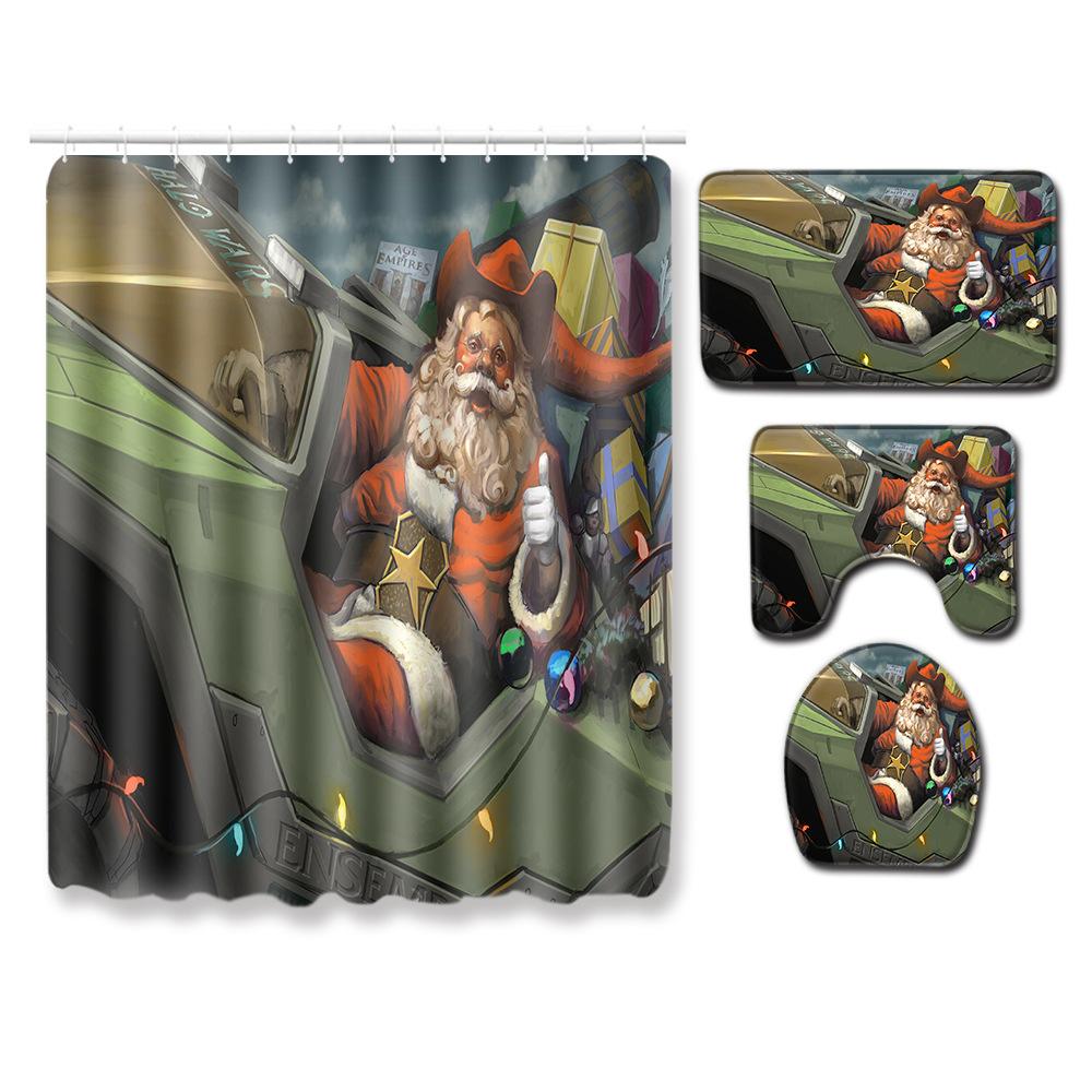 Christmas Shower Curtain Floor Mat Combination Four-Piece Set Bathroom Toilet Carpet Shower Room Mat Foot Mat