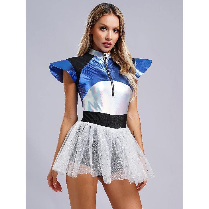 Woman's Outerspace Astronaut Alien Robot Cosplay Costume Metallic Cap Sleeve Tutu Dance Dress for Carnival Festival Halloween