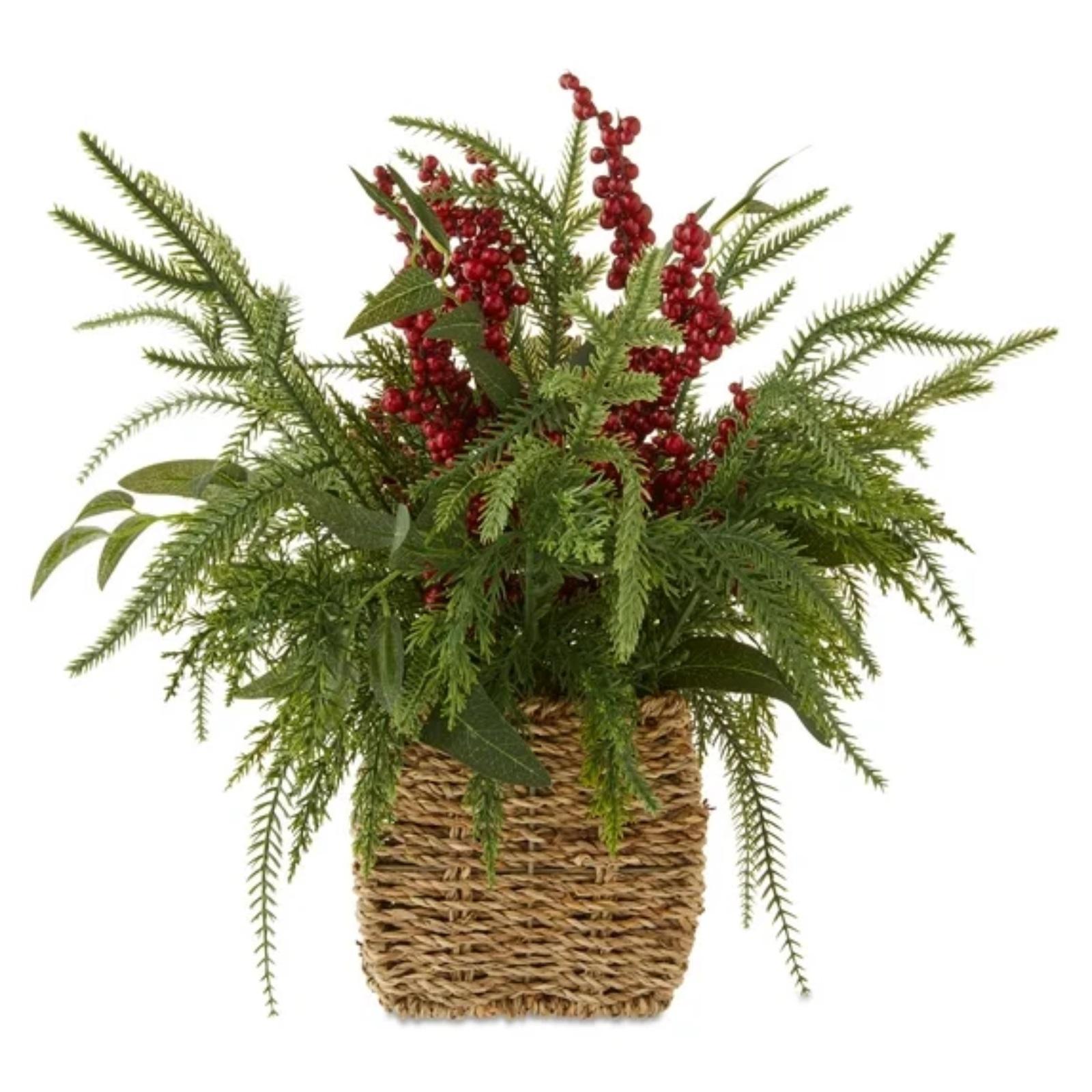 

Winter Floral Basket With Berries Christmas Tabletop Decoration, Green And Red, 15in, By Holiday One Size