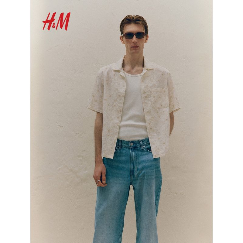 

HM Men s Cuban Collar Shirt 2025 Summer New Arrival Standard Edition Casual Embroidered Shirt 1276822 Black 170/92(S)