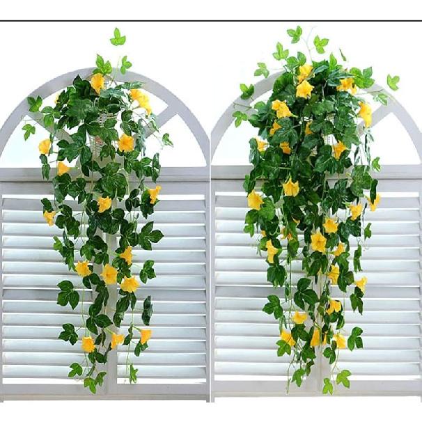 Artificial Vines 2pcs Artificial Morning Glory Trumpet Flower Vine Fake Green Plant Home Garden Wall Fence Outdoor Wedding Hanging Baskets Decor